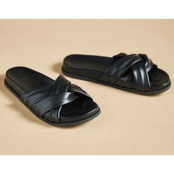 Anthropologie Silent D Helena Sandals Slides Open Toe Leather Black Size 39/9 - Picture 1 of 5